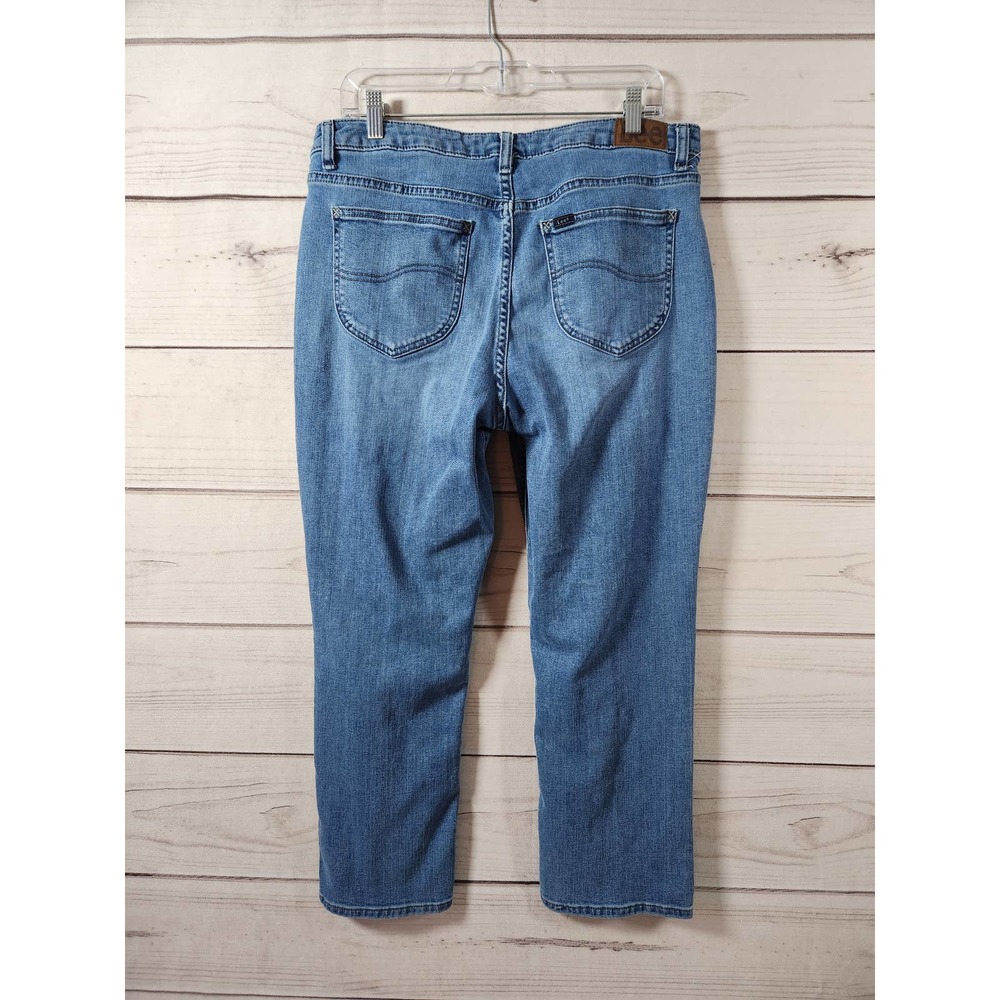 Lee Women's‎ Blue Solid Stretch Mid Rise Regular Fit Straight Leg Jeans Size 14P - Picture 2 of 7